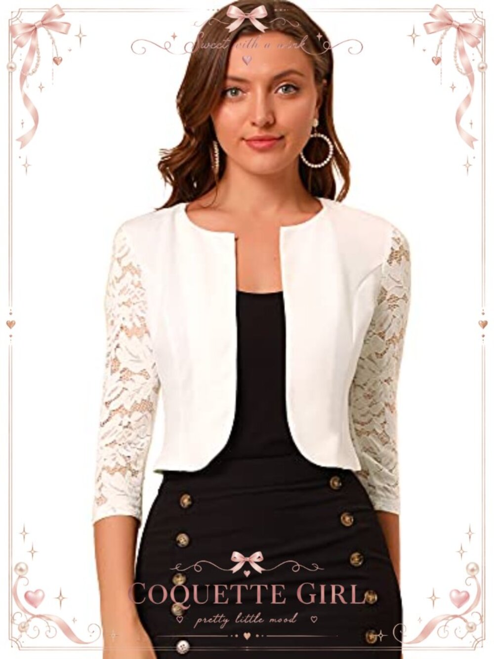 Women's Floral Lace Open Front Shrug 3/4 Sleeve Semi-Sheer Formal